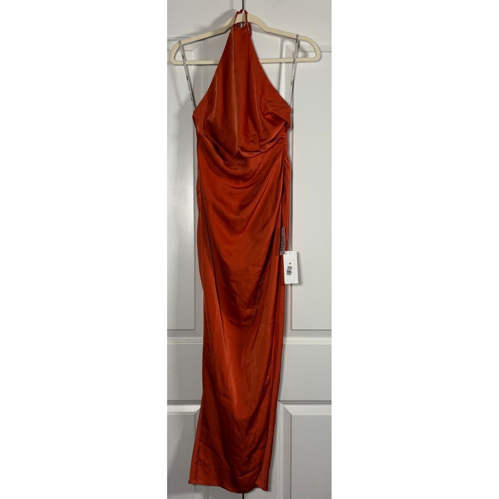 NWT ASOS DESIGN Womens Satin Halter Neck Maxi Dress Rust Ruched Slit Backless 8